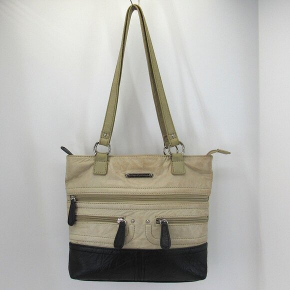 Stone Mountain Beige & Black Double Handle Multi Zip Pockets Leather Handbag - Picture 1 of 11